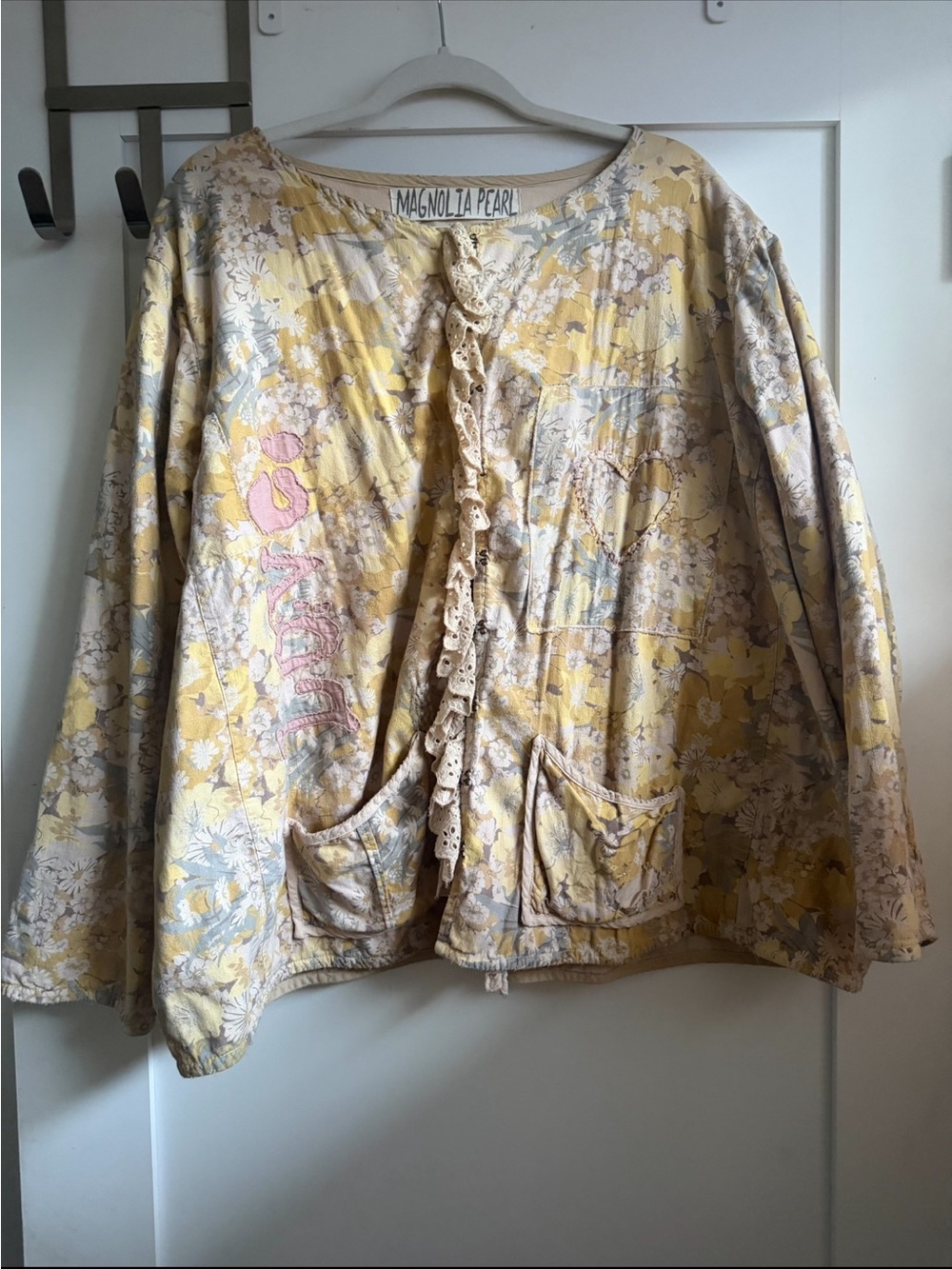 Magnolia Pearl Yellow Floral Lace-Trim Trench Jacket